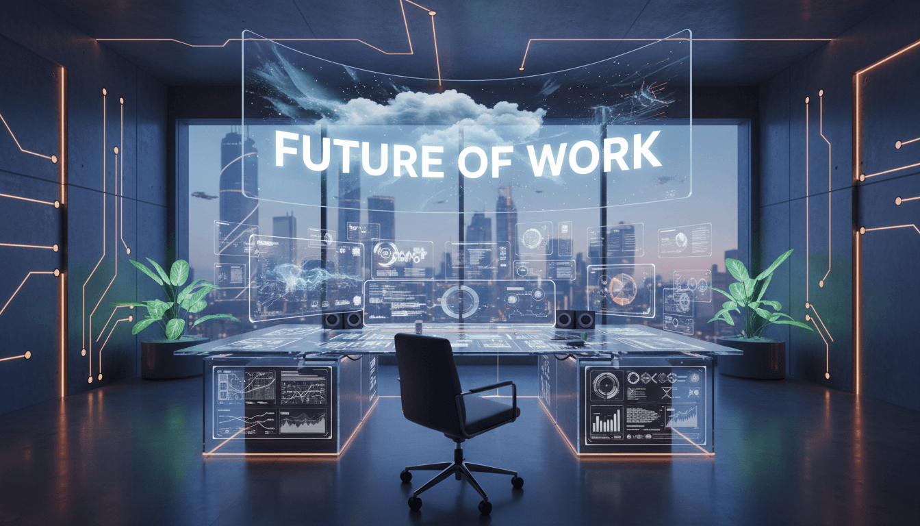 Modern technology workspace with digital interfaces and abstract futuristic elements
